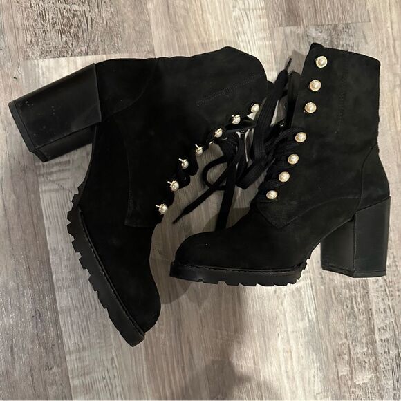 STUART WEITZMAN Boots Women Size 10 Ivey Suede Combat Pearl Button Black Bootie - Picture 7 of 10